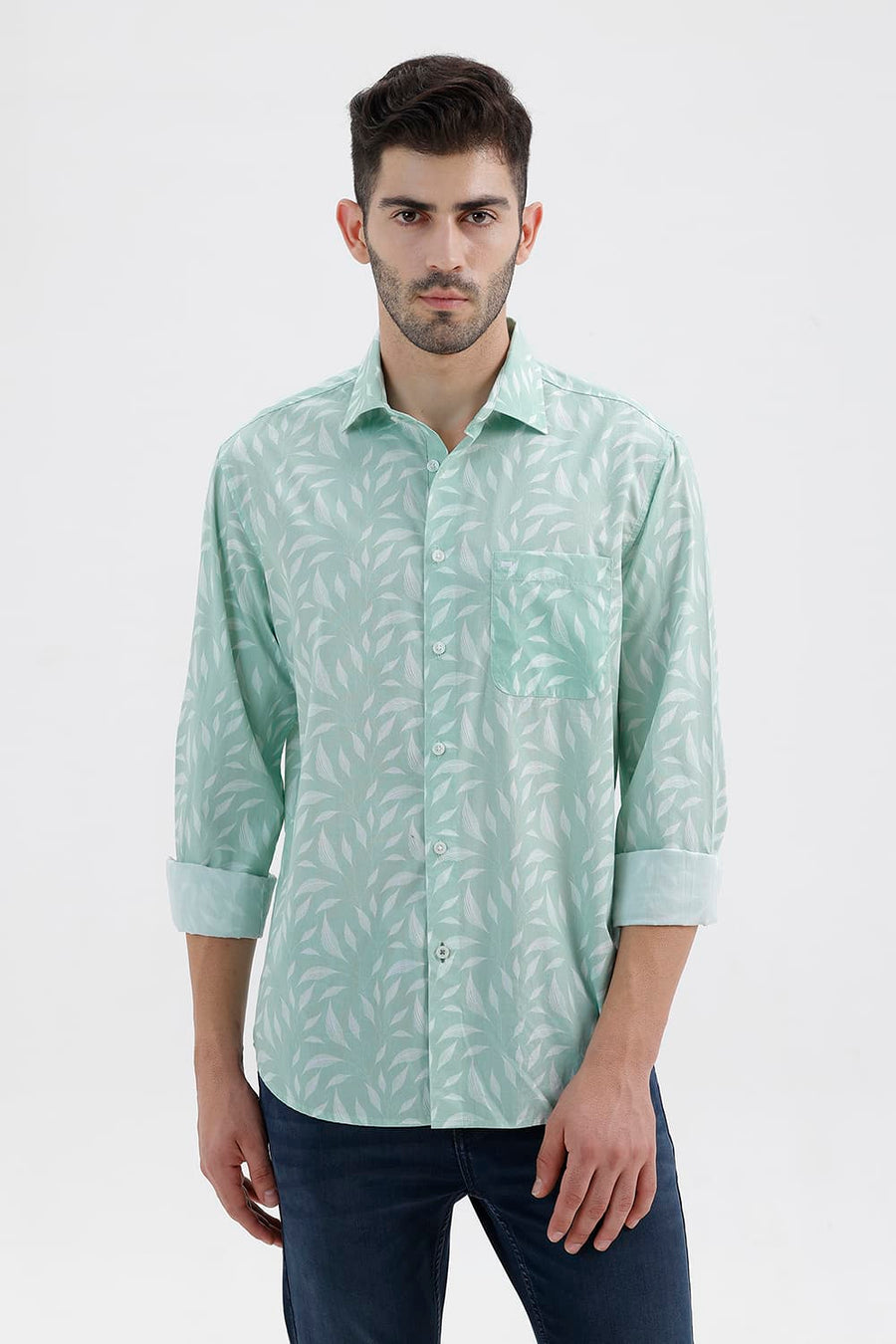 BASICS SLIM FIT GOSSAMER GREEN COTTON PRINTED SHIRT