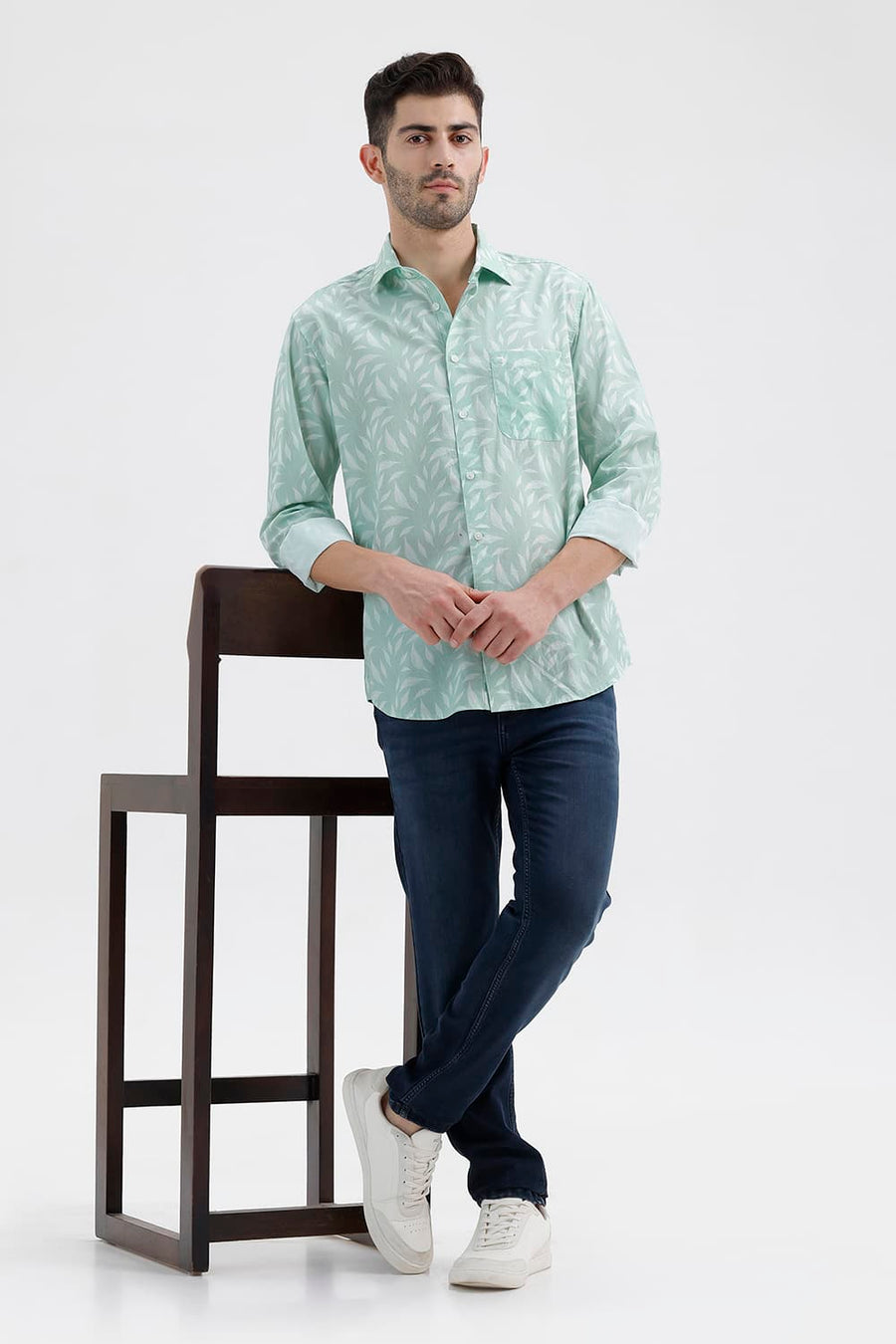 BASICS SLIM FIT GOSSAMER GREEN COTTON PRINTED SHIRT