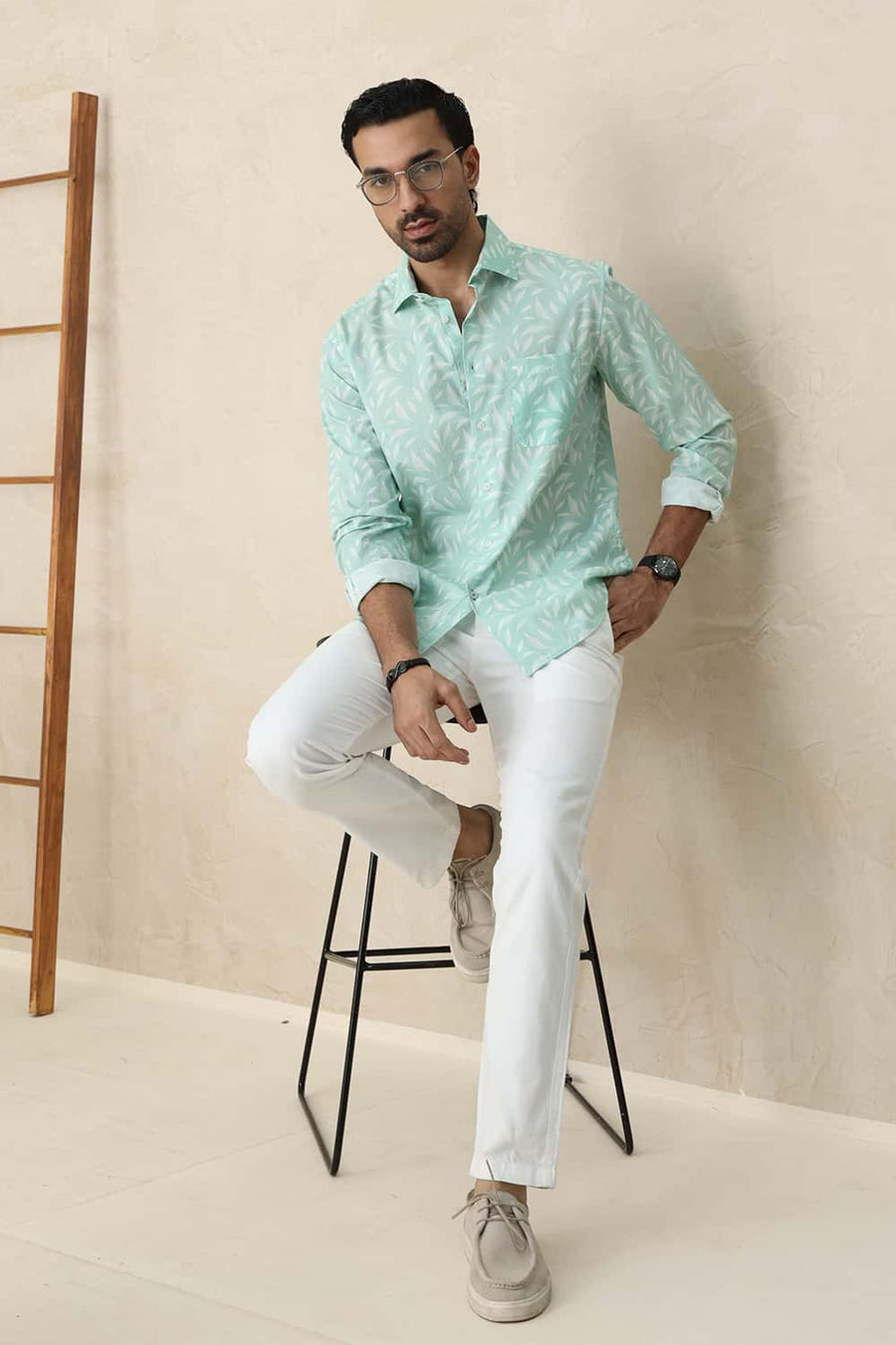 Basics Slim Fit Gossamer Green Cotton Printed Shirt