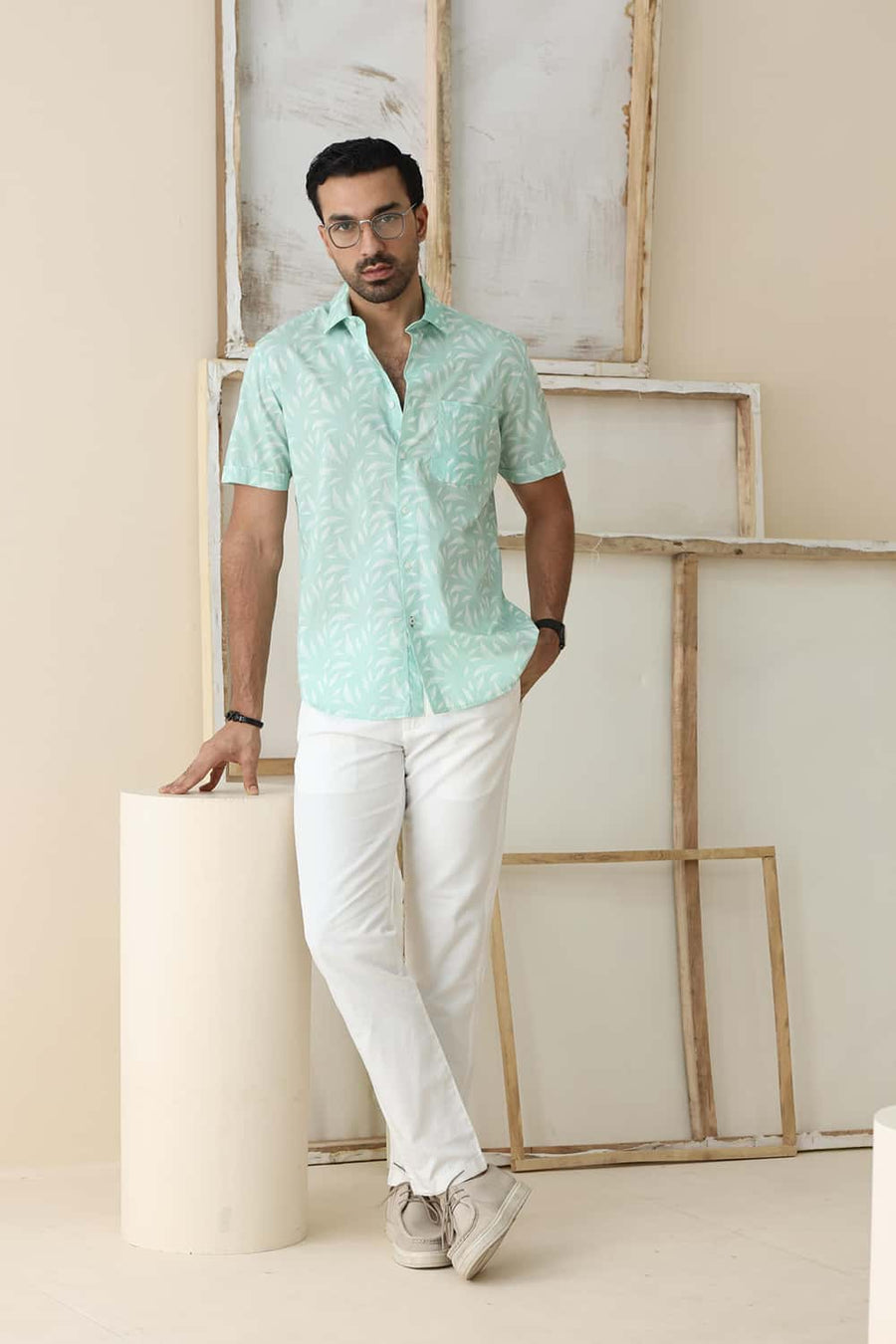 Basics Slim Fit Gossamer Green Cotton Printed Halfsleeves Shirt