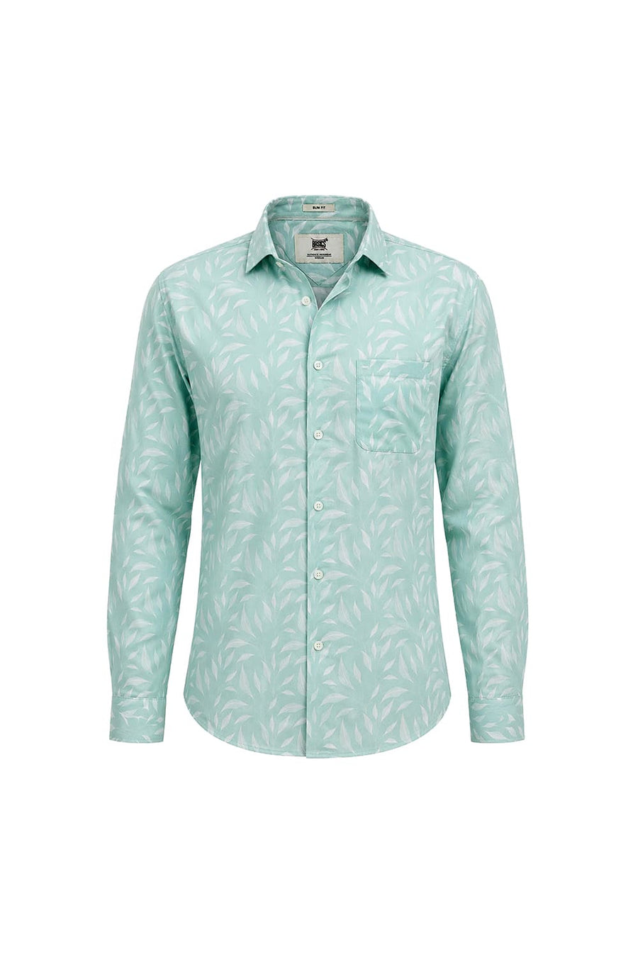 BASICS SLIM FIT GOSSAMER GREEN COTTON PRINTED SHIRT