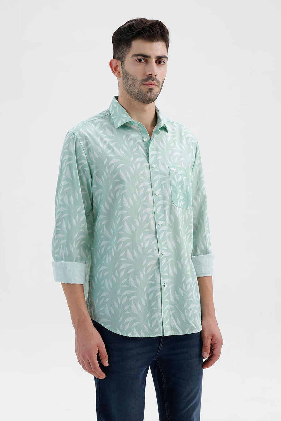 BASICS SLIM FIT GOSSAMER GREEN COTTON PRINTED SHIRT