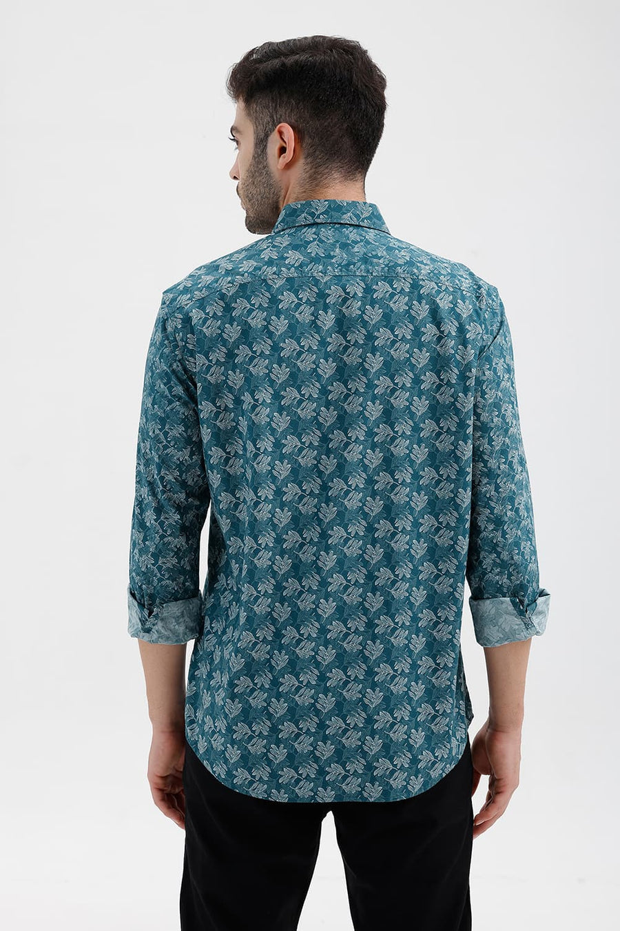BASICS SLIM FIT ATLANTIC TEAL COTTON PRINTED SHIRT