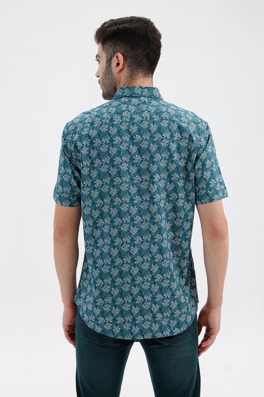 BASICS SLIM FIT ATLANTIC TEAL COTTON PRINTED HALFSLEEVES SHIRT
