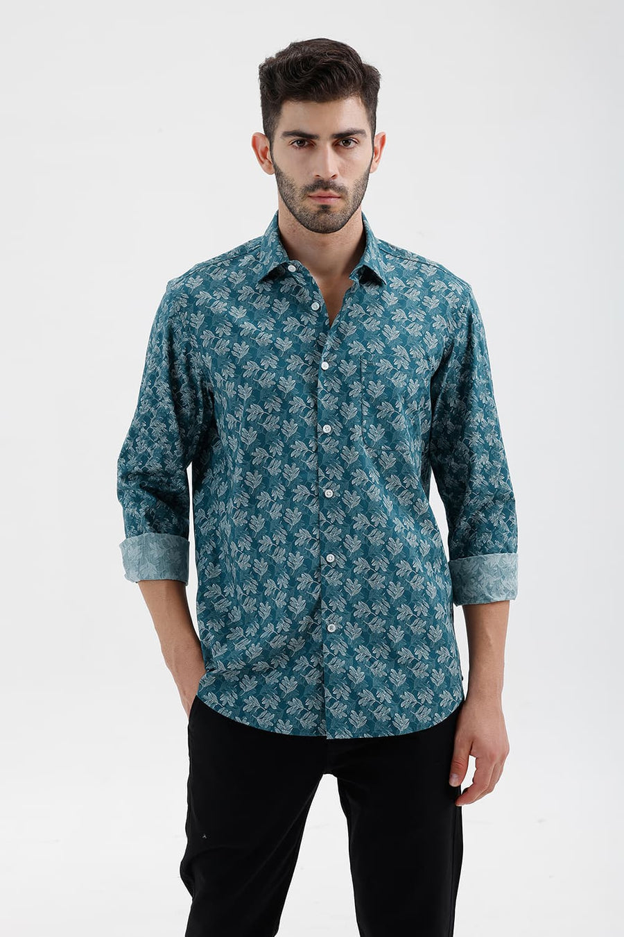 BASICS SLIM FIT ATLANTIC TEAL COTTON PRINTED SHIRT