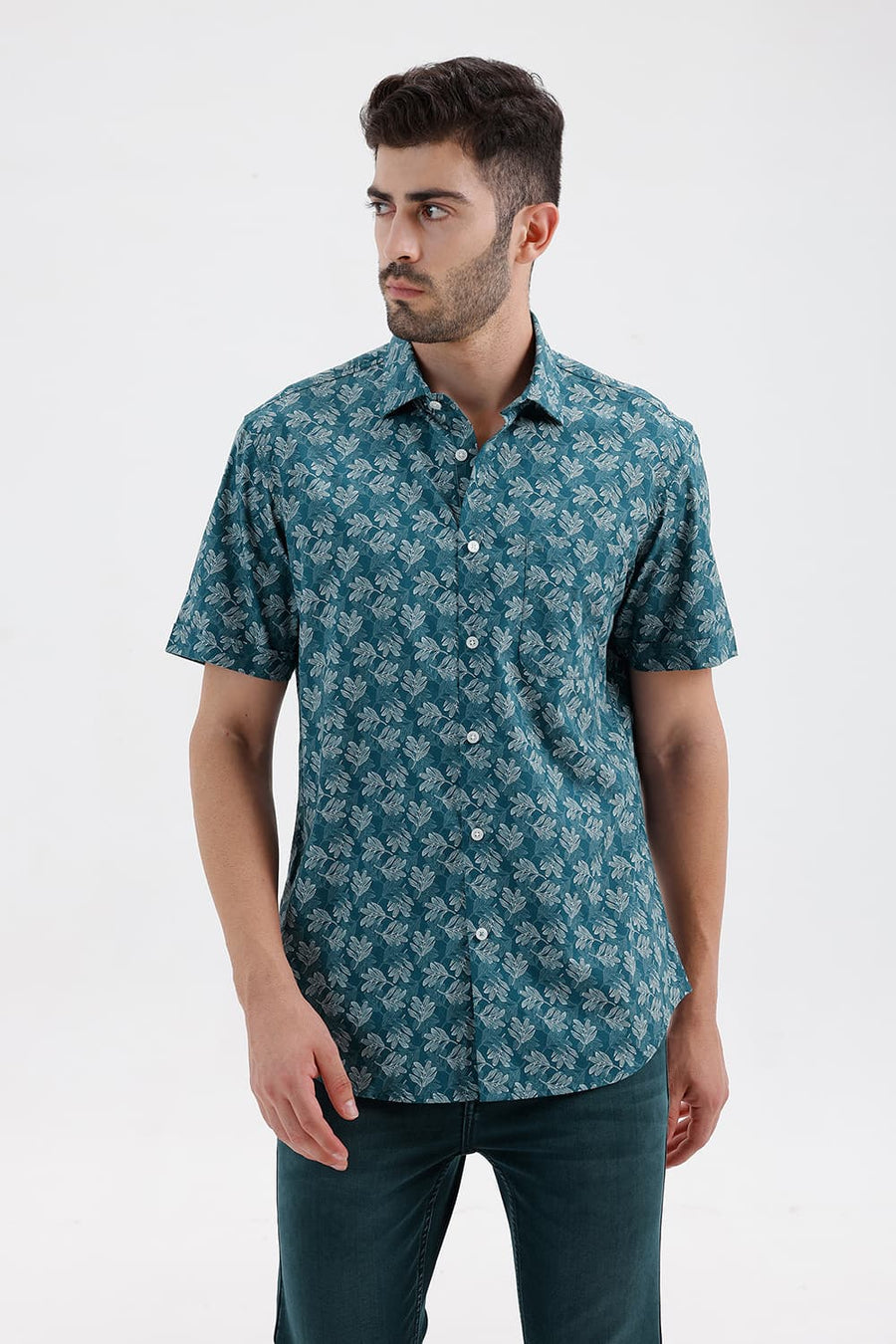 BASICS SLIM FIT ATLANTIC TEAL COTTON PRINTED HALFSLEEVES SHIRT