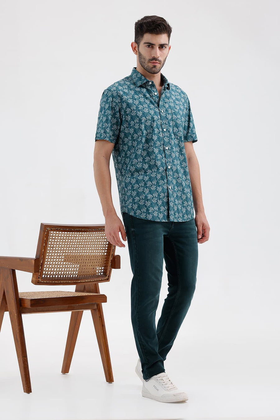 BASICS SLIM FIT ATLANTIC TEAL COTTON PRINTED HALFSLEEVES SHIRT
