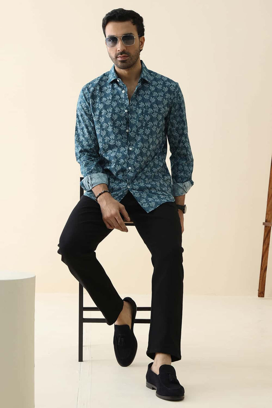 Basics Slim Fit Atlantic Teal Cotton Printed Shirt
