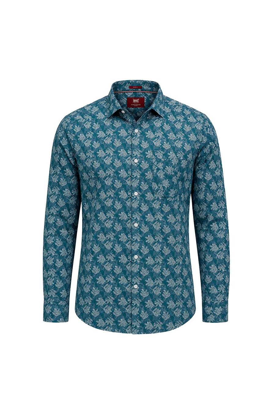 BASICS SLIM FIT ATLANTIC TEAL COTTON PRINTED SHIRT