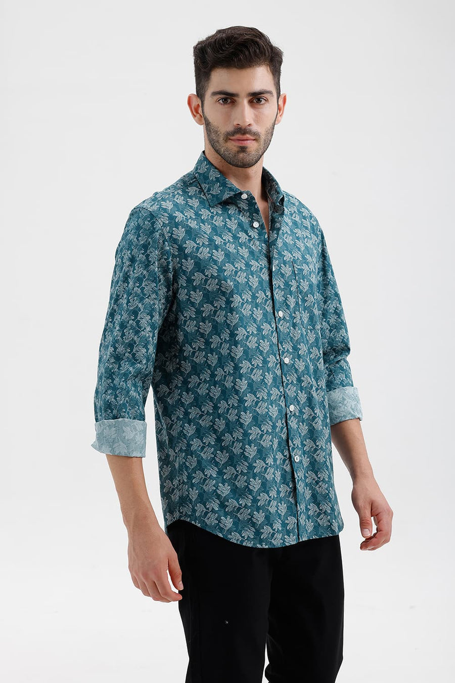BASICS SLIM FIT ATLANTIC TEAL COTTON PRINTED SHIRT