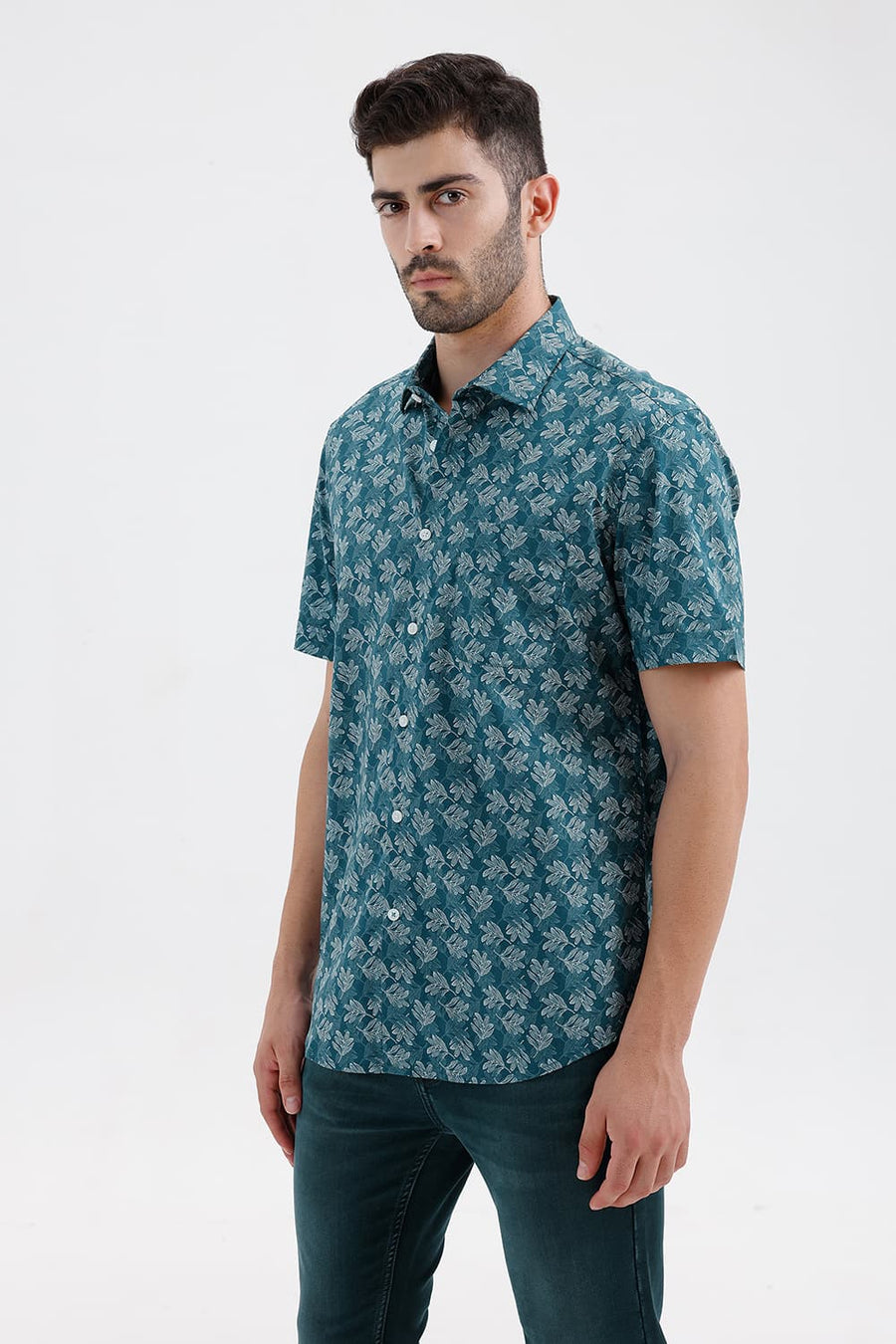 BASICS SLIM FIT ATLANTIC TEAL COTTON PRINTED HALFSLEEVES SHIRT