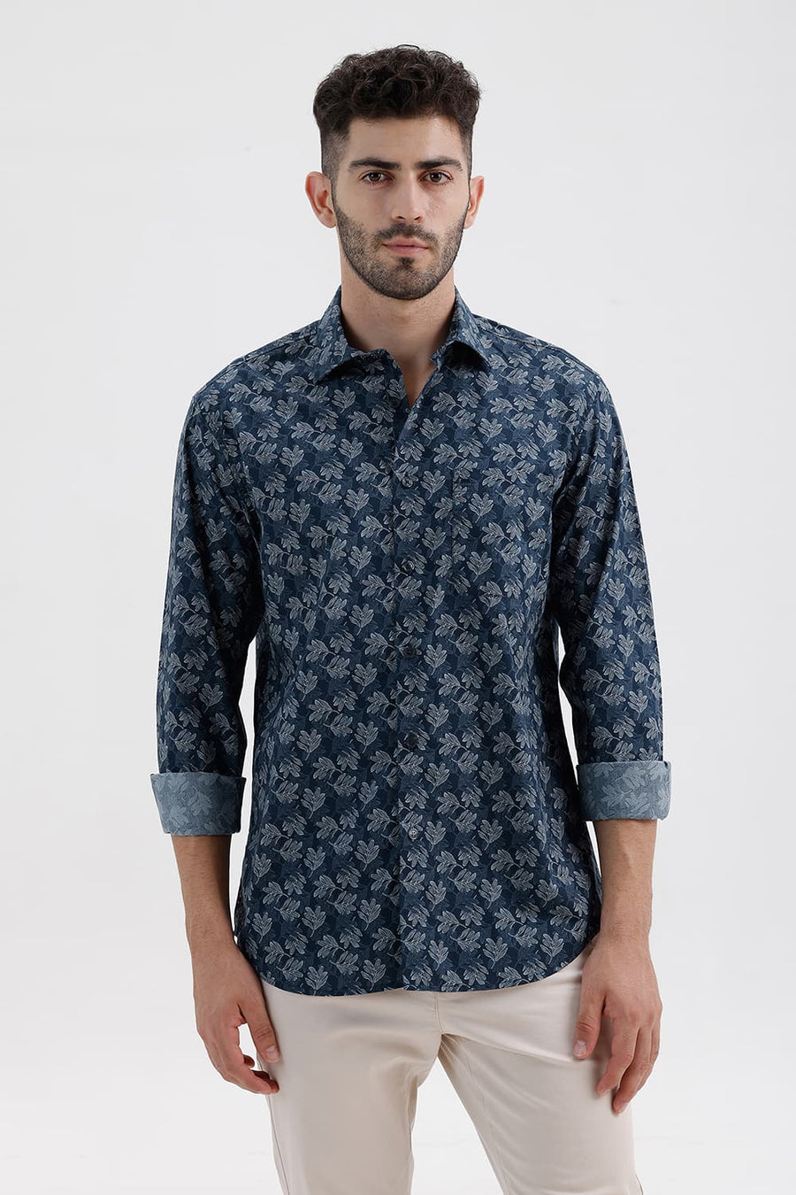 BASICS SLIM FIT MAJOLICA BLUE COTTON PRINTED SHIRT