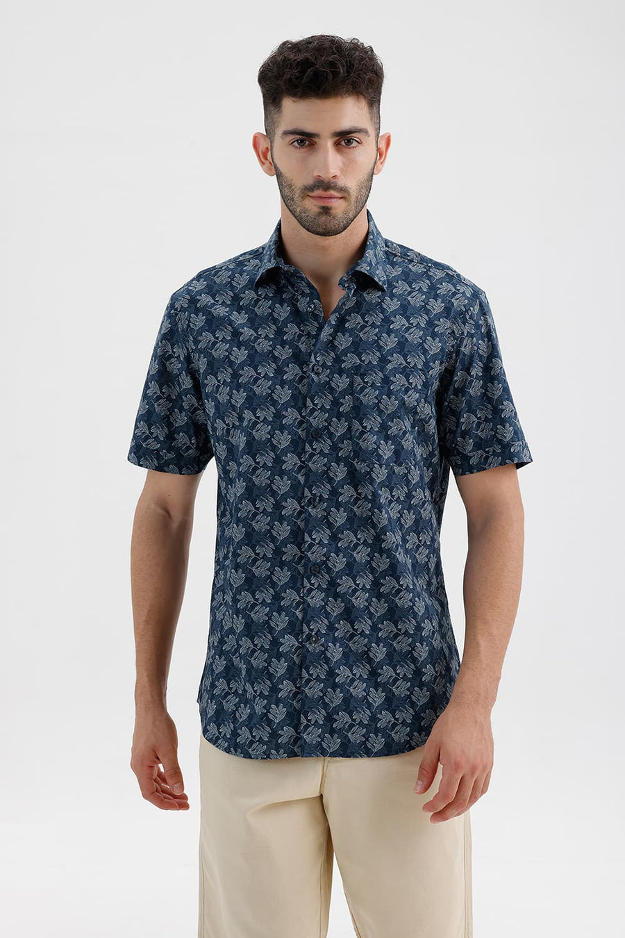BASICS SLIM FIT MAJOLICA BLUE COTTON PRINTED HALFSLEEVES SHIRT