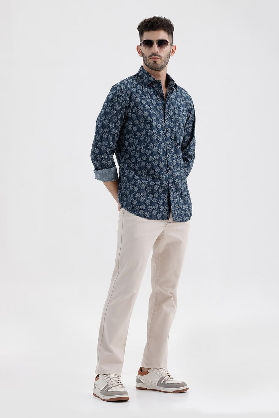 BASICS SLIM FIT MAJOLICA BLUE COTTON PRINTED SHIRT