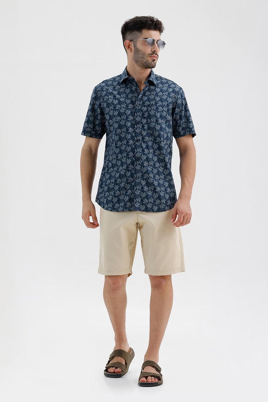 BASICS SLIM FIT MAJOLICA BLUE COTTON PRINTED HALFSLEEVES SHIRT
