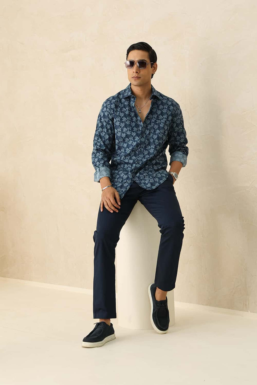 Basics Slim Fit Majolica Blue Cotton Printed Shirt