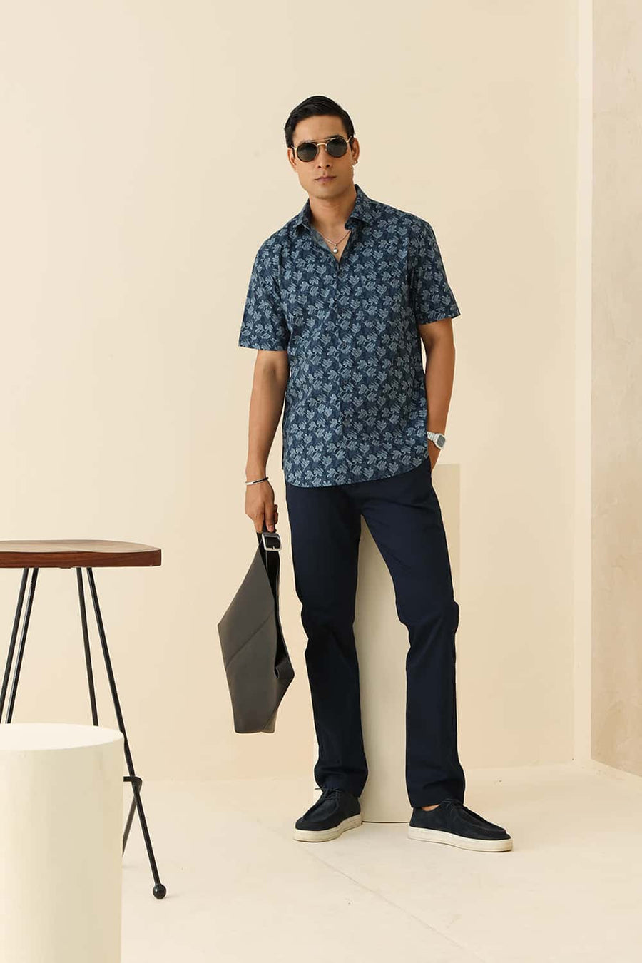 Basics Slim Fit Majolica Blue Cotton Printed Halfsleeves Shirt