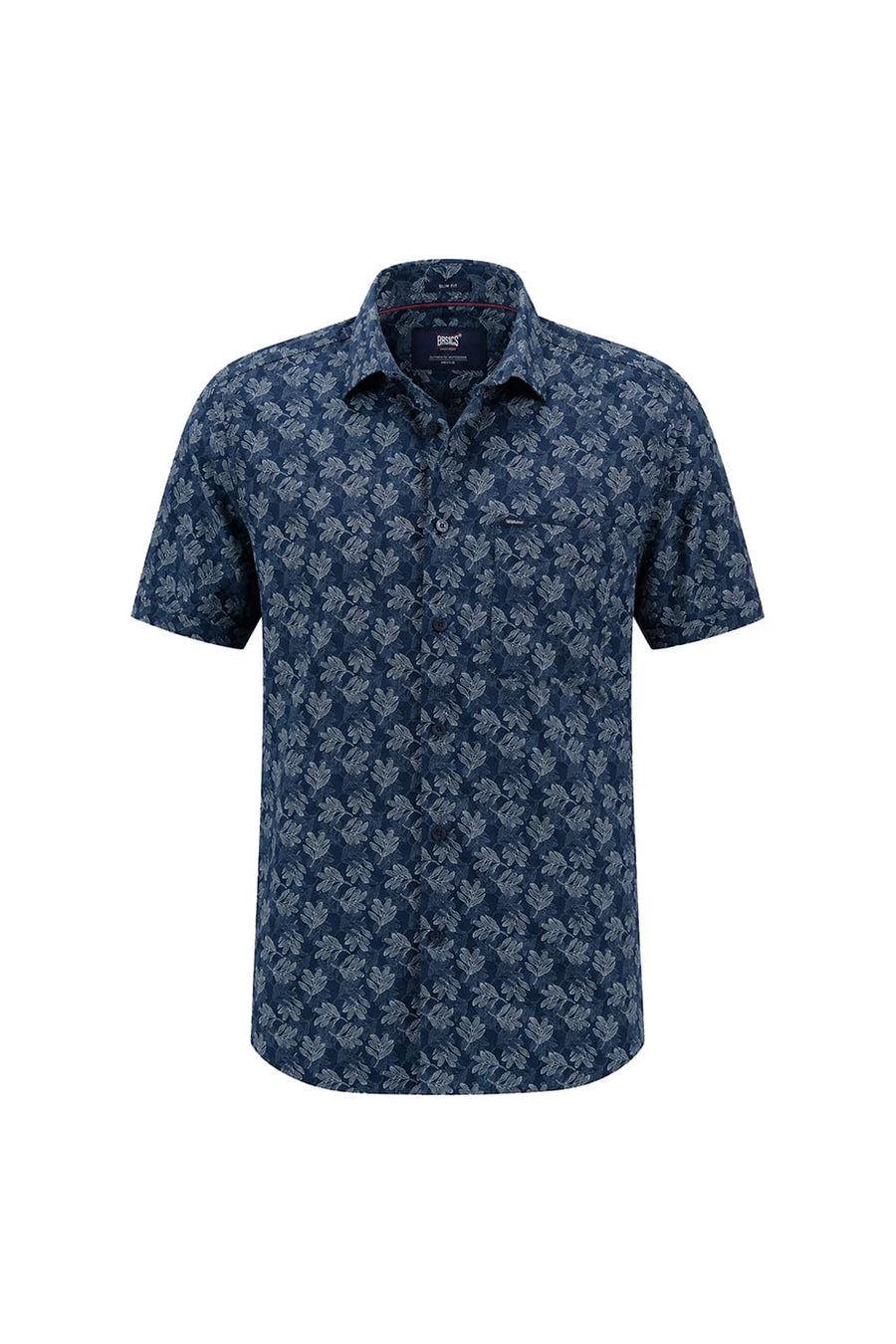 BASICS SLIM FIT MAJOLICA BLUE COTTON PRINTED HALFSLEEVES SHIRT