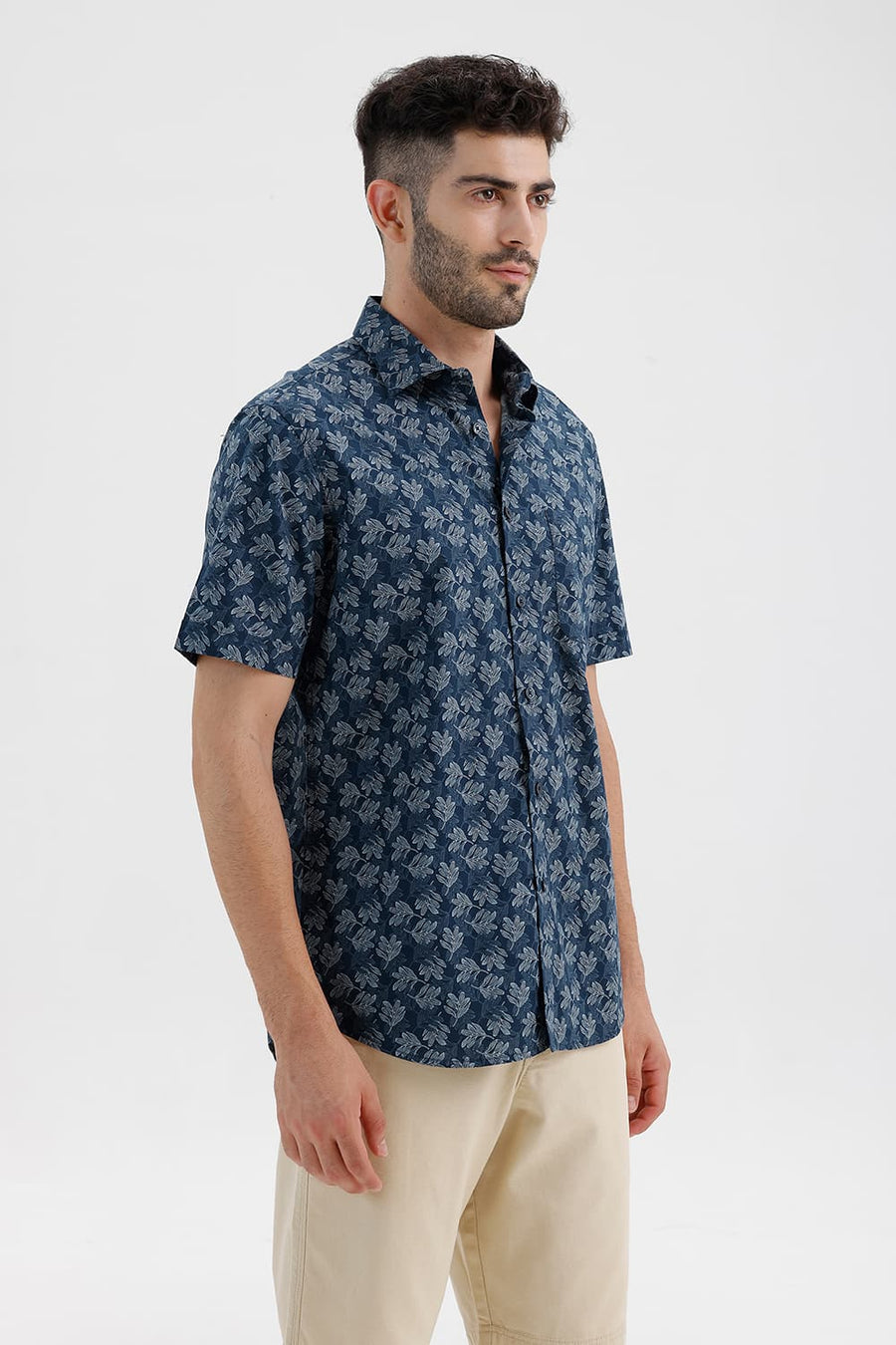 BASICS SLIM FIT MAJOLICA BLUE COTTON PRINTED HALFSLEEVES SHIRT