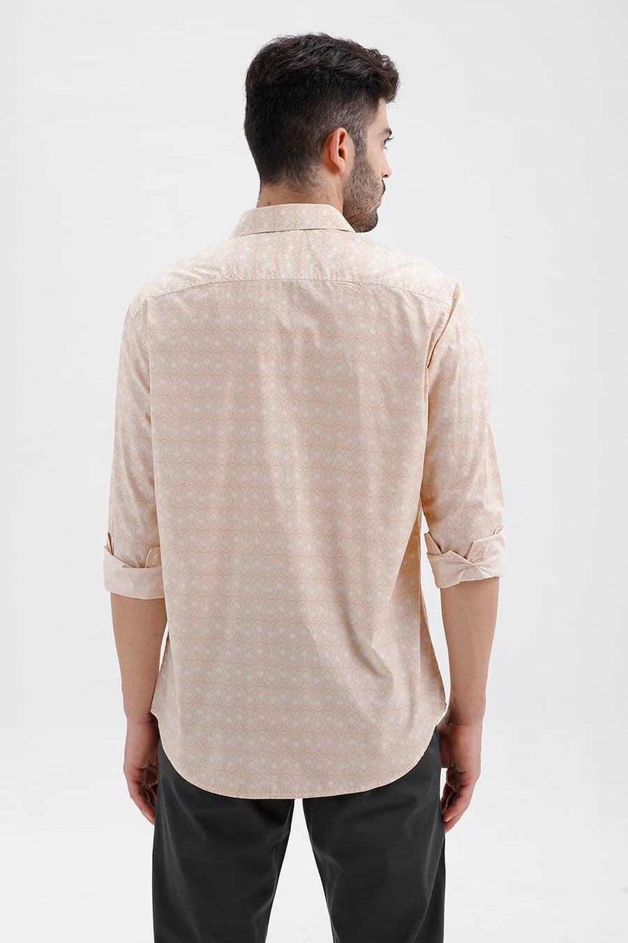 BASICS SLIM FIT MACADAMIA BEIGE COTTON PRINTED SHIRT