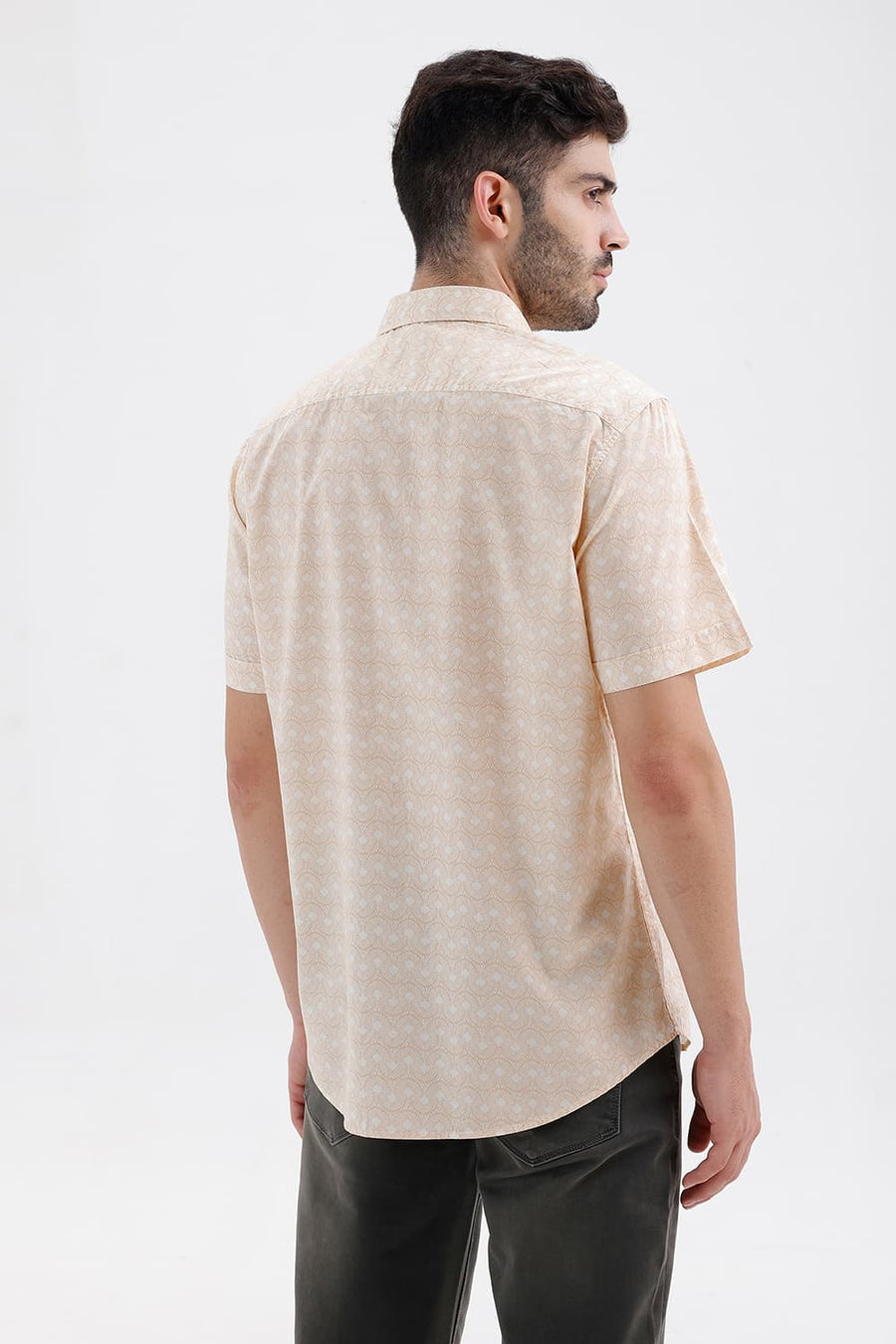 BASICS SLIM FIT MACADAMIA BEIGE COTTON PRINTED HALFSLEEVES SHIRT