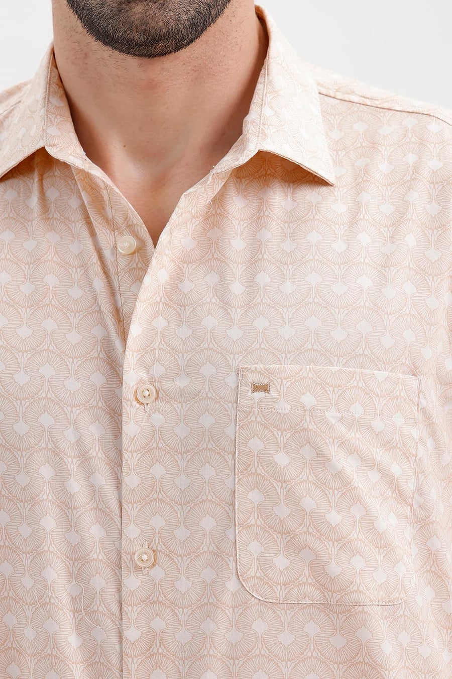 BASICS SLIM FIT MACADAMIA BEIGE COTTON PRINTED SHIRT