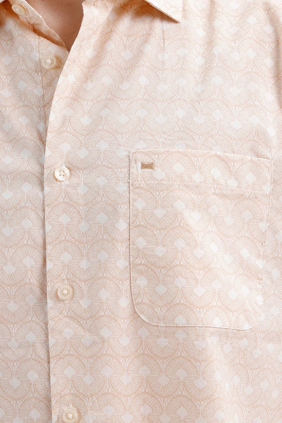 BASICS SLIM FIT MACADAMIA BEIGE COTTON PRINTED HALFSLEEVES SHIRT