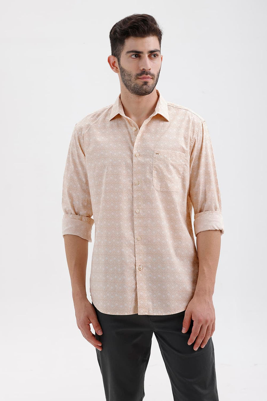 BASICS SLIM FIT MACADAMIA BEIGE COTTON PRINTED SHIRT