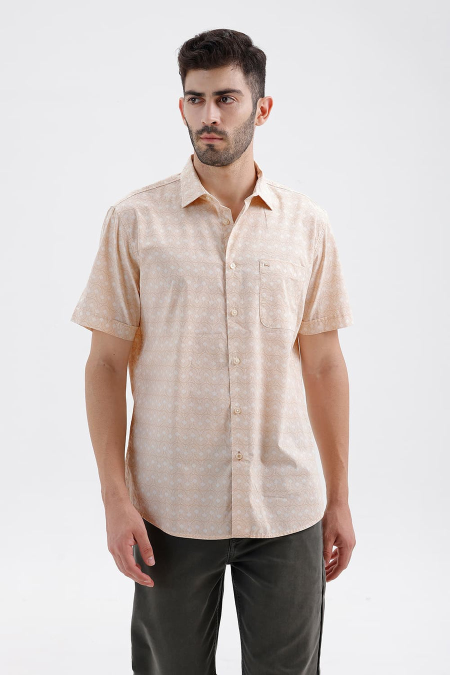 BASICS SLIM FIT MACADAMIA BEIGE COTTON PRINTED HALFSLEEVES SHIRT