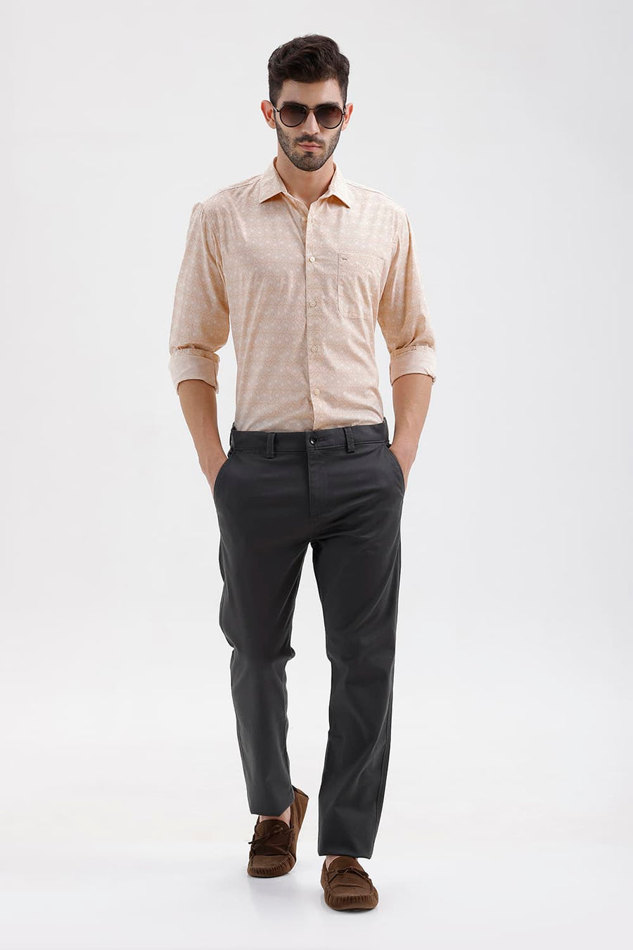 BASICS SLIM FIT MACADAMIA BEIGE COTTON PRINTED SHIRT