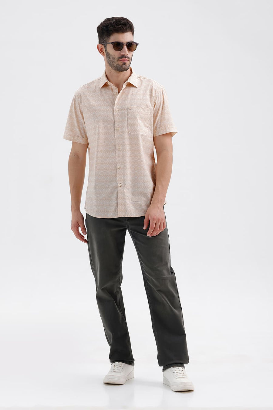 BASICS SLIM FIT MACADAMIA BEIGE COTTON PRINTED HALFSLEEVES SHIRT