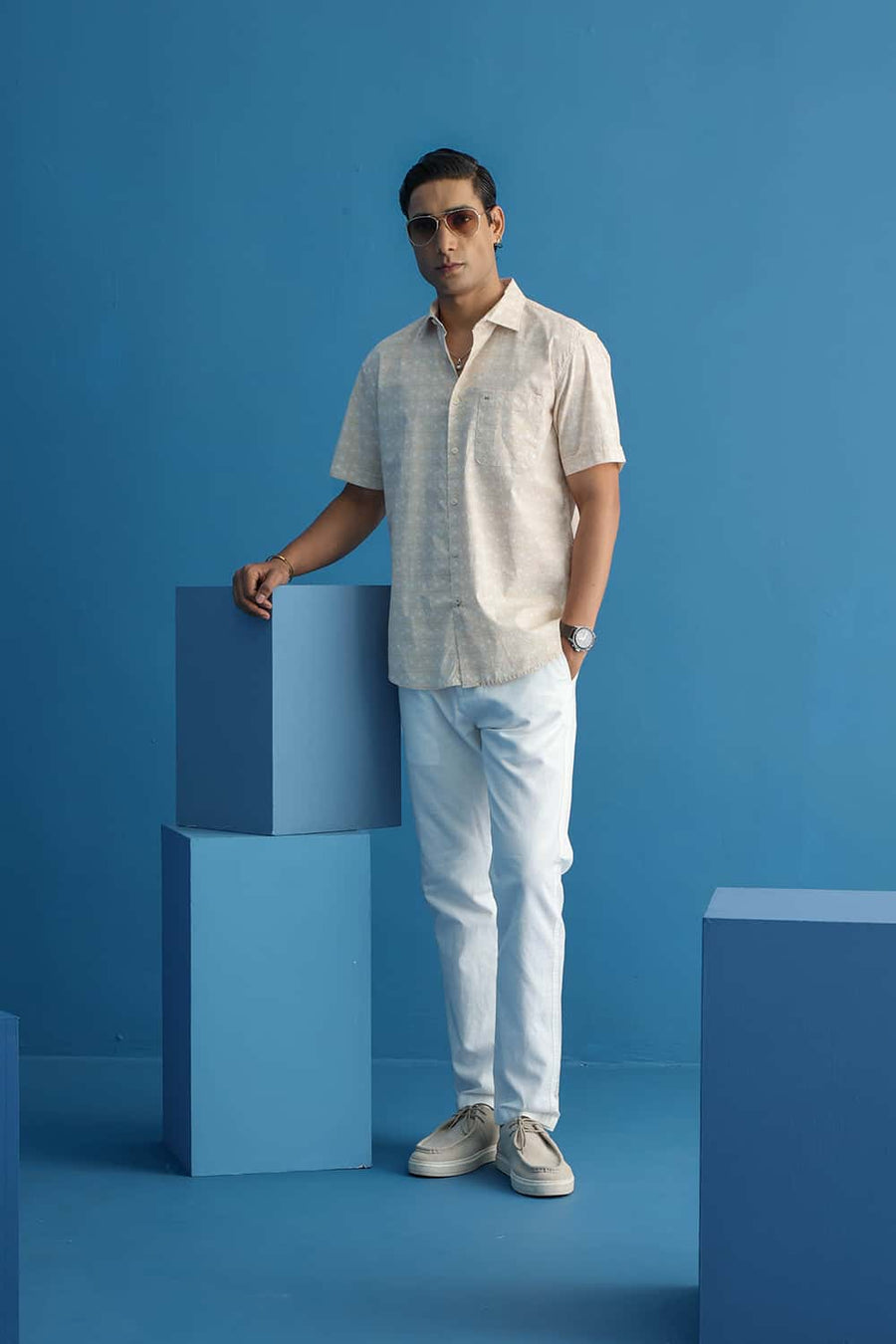 Basics Slim Fit Macadamia Beige Cotton Printed Halfsleeves Shirt