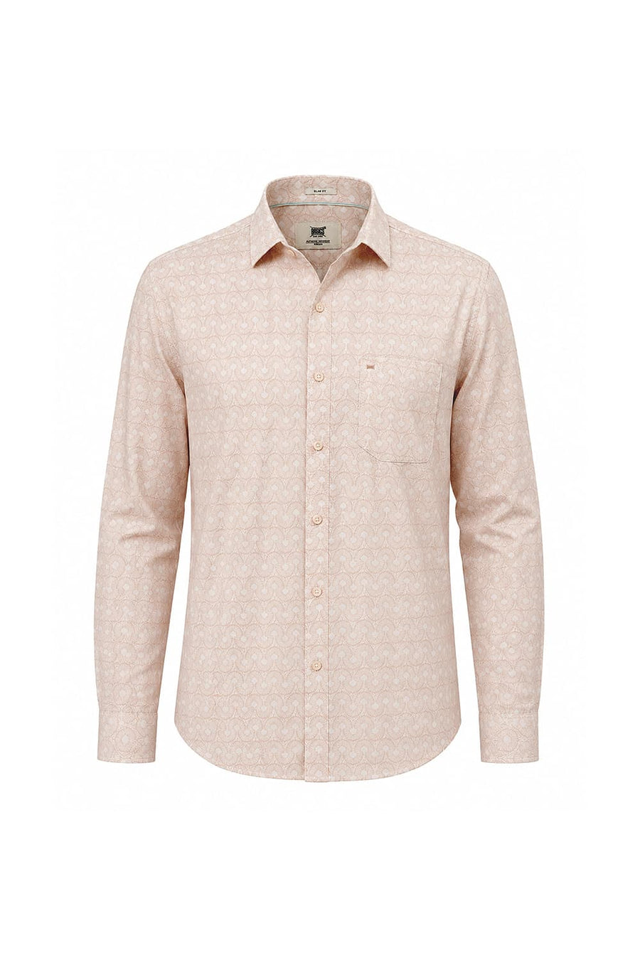 BASICS SLIM FIT MACADAMIA BEIGE COTTON PRINTED SHIRT