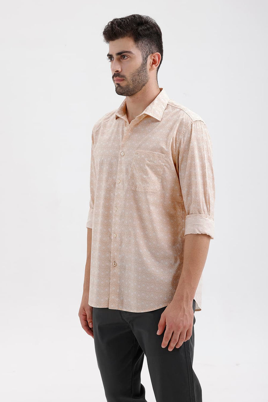 BASICS SLIM FIT MACADAMIA BEIGE COTTON PRINTED SHIRT
