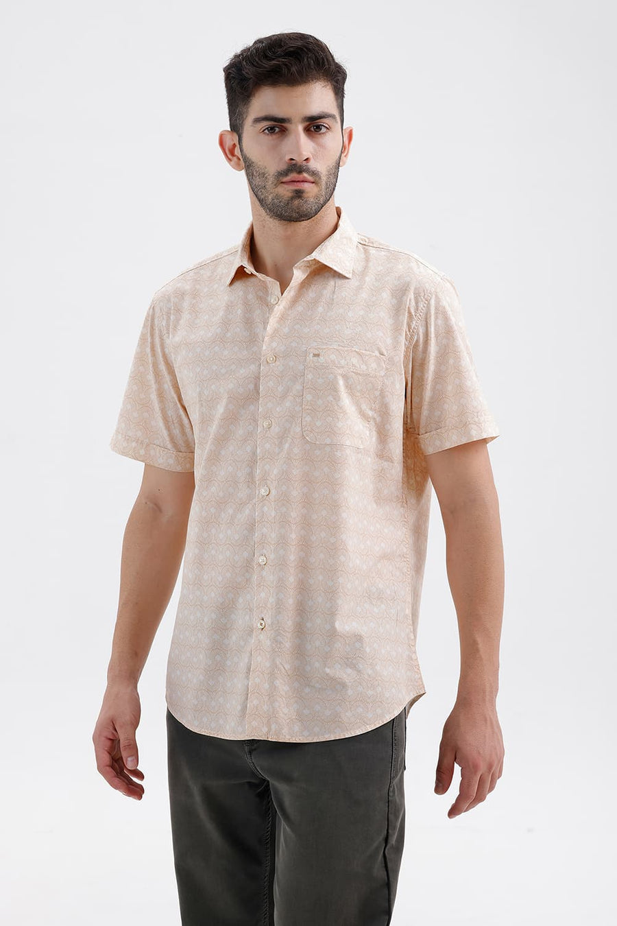 BASICS SLIM FIT MACADAMIA BEIGE COTTON PRINTED HALFSLEEVES SHIRT