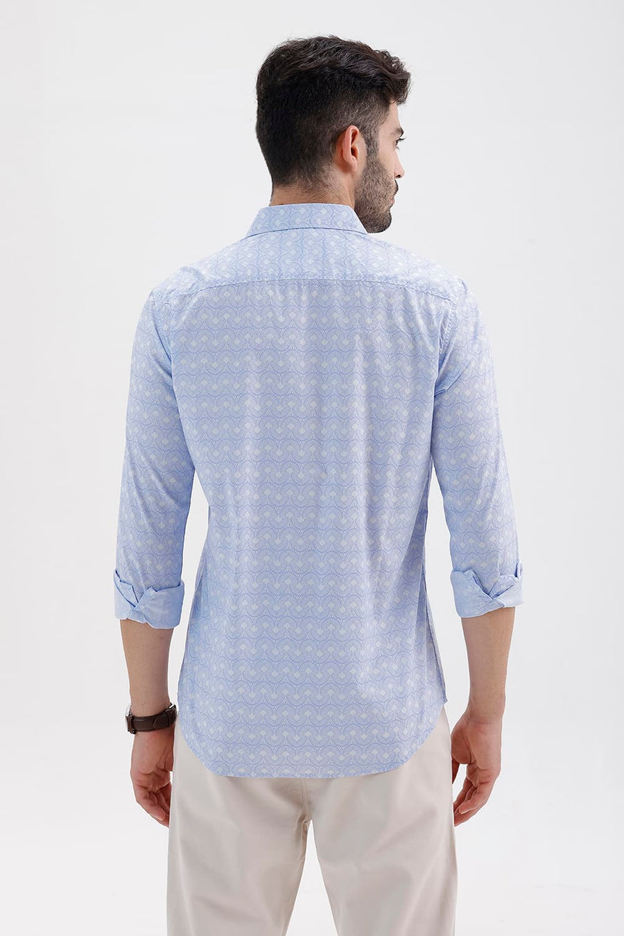 BASICS SLIM FIT HERON BLUE COTTON PRINTED SHIRT