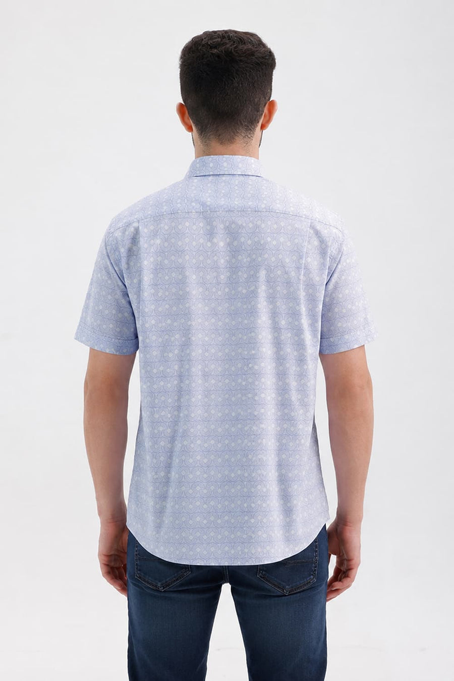 BASICS SLIM FIT HERON BLUE COTTON PRINTED HALFSLEEVES SHIRT