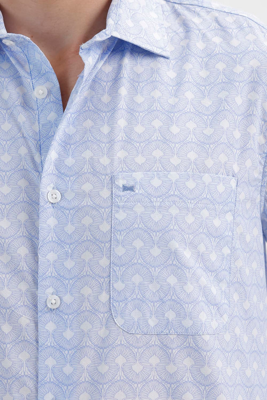 BASICS SLIM FIT HERON BLUE COTTON PRINTED SHIRT