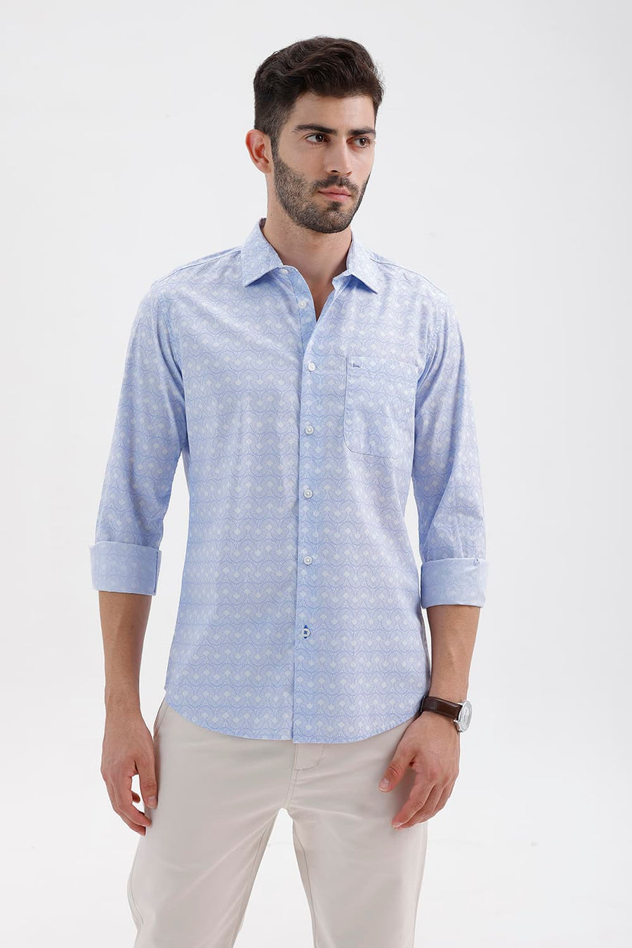 BASICS SLIM FIT HERON BLUE COTTON PRINTED SHIRT