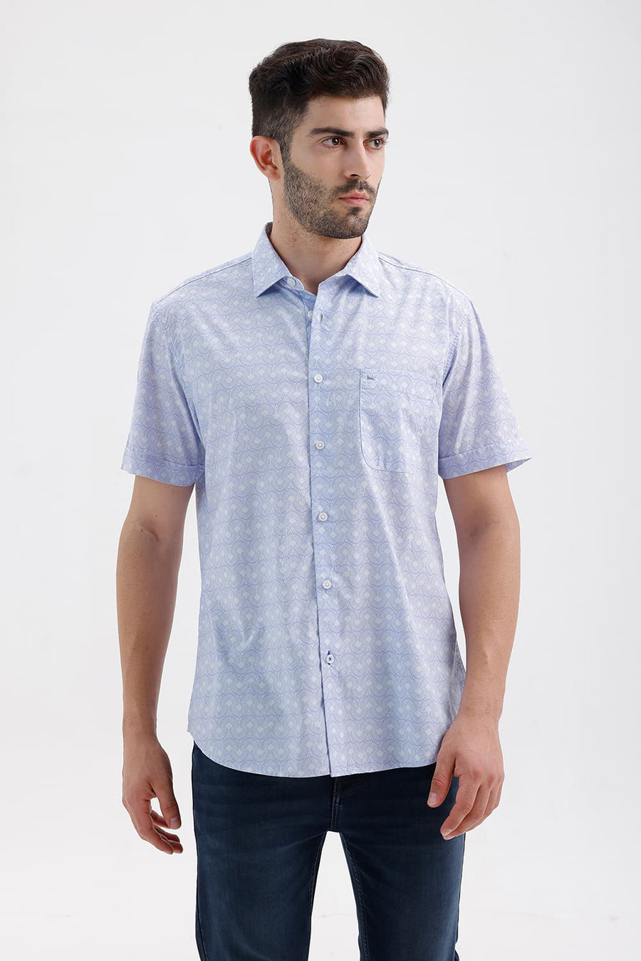 BASICS SLIM FIT HERON BLUE COTTON PRINTED HALFSLEEVES SHIRT