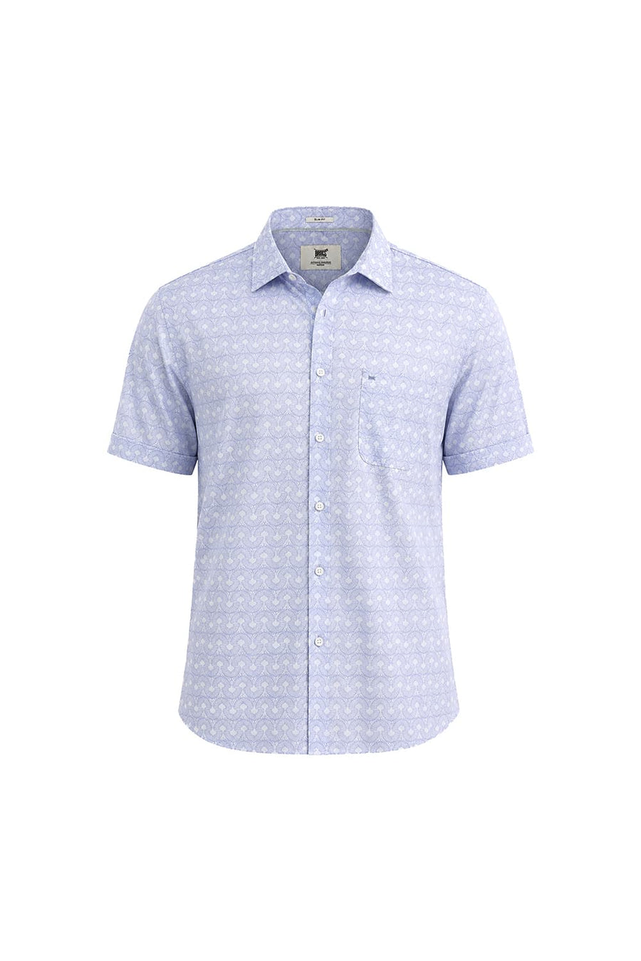 BASICS SLIM FIT HERON BLUE COTTON PRINTED HALFSLEEVES SHIRT