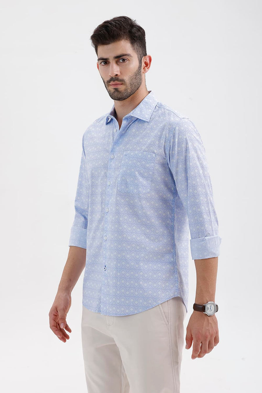 BASICS SLIM FIT HERON BLUE COTTON PRINTED SHIRT