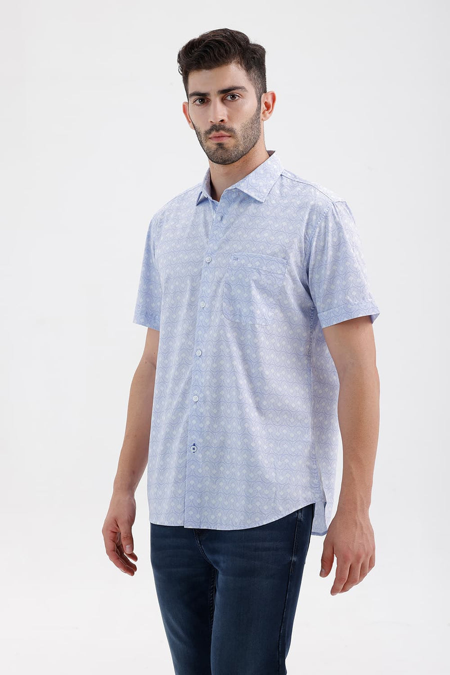 BASICS SLIM FIT HERON BLUE COTTON PRINTED HALFSLEEVES SHIRT