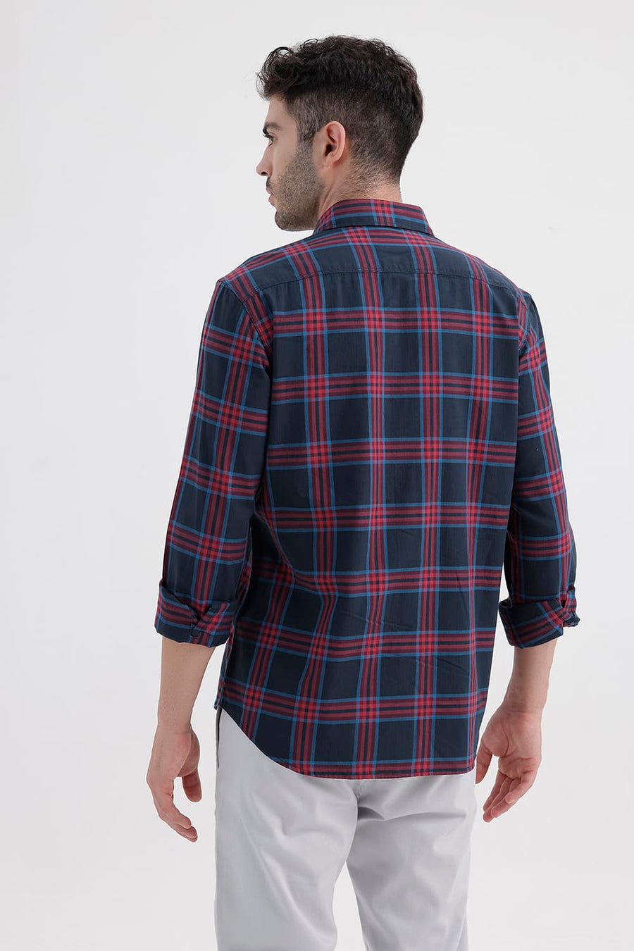BASICS SLIM FIT NAVY NIGHTS COTTON HERRING BONE CHECKS SHIRT