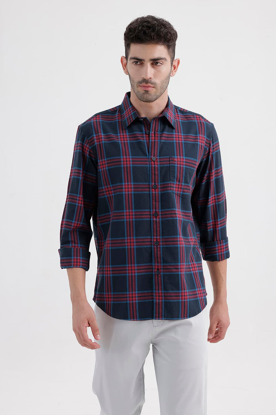 BASICS SLIM FIT NAVY NIGHTS COTTON HERRING BONE CHECKS SHIRT