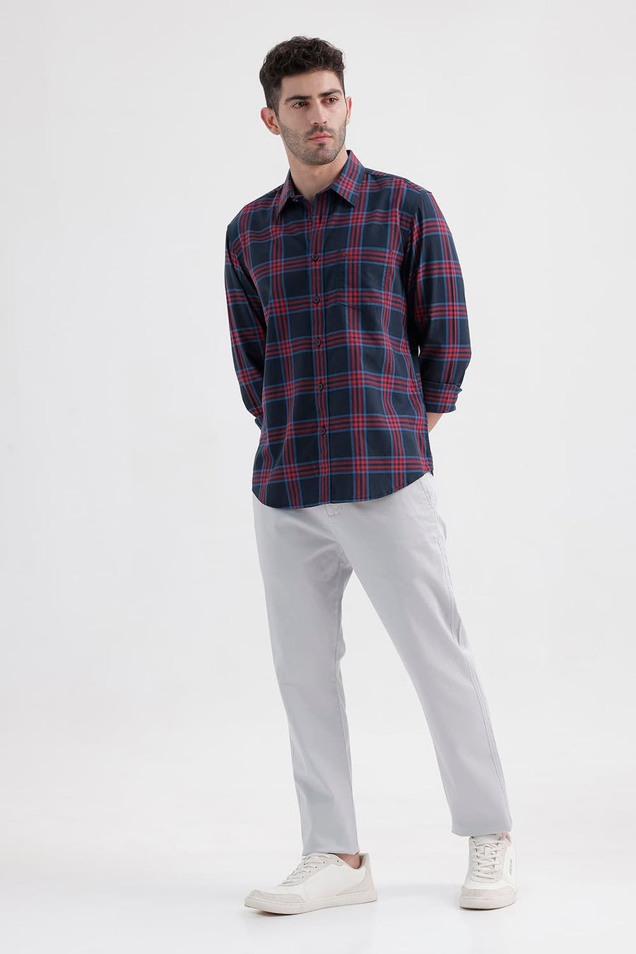 BASICS SLIM FIT NAVY NIGHTS COTTON HERRING BONE CHECKS SHIRT