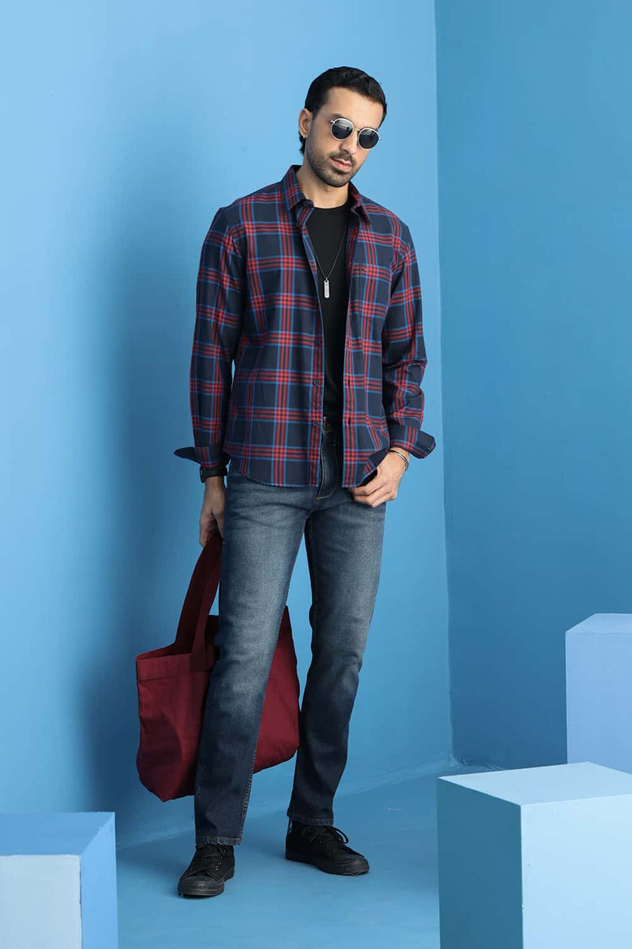 Basics Slim Fit Navy Nights Cotton Herring Bone Checks Shirt