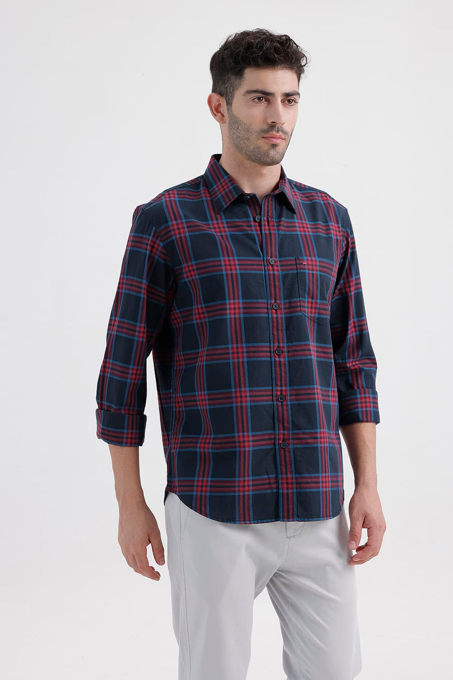 BASICS SLIM FIT NAVY NIGHTS COTTON HERRING BONE CHECKS SHIRT
