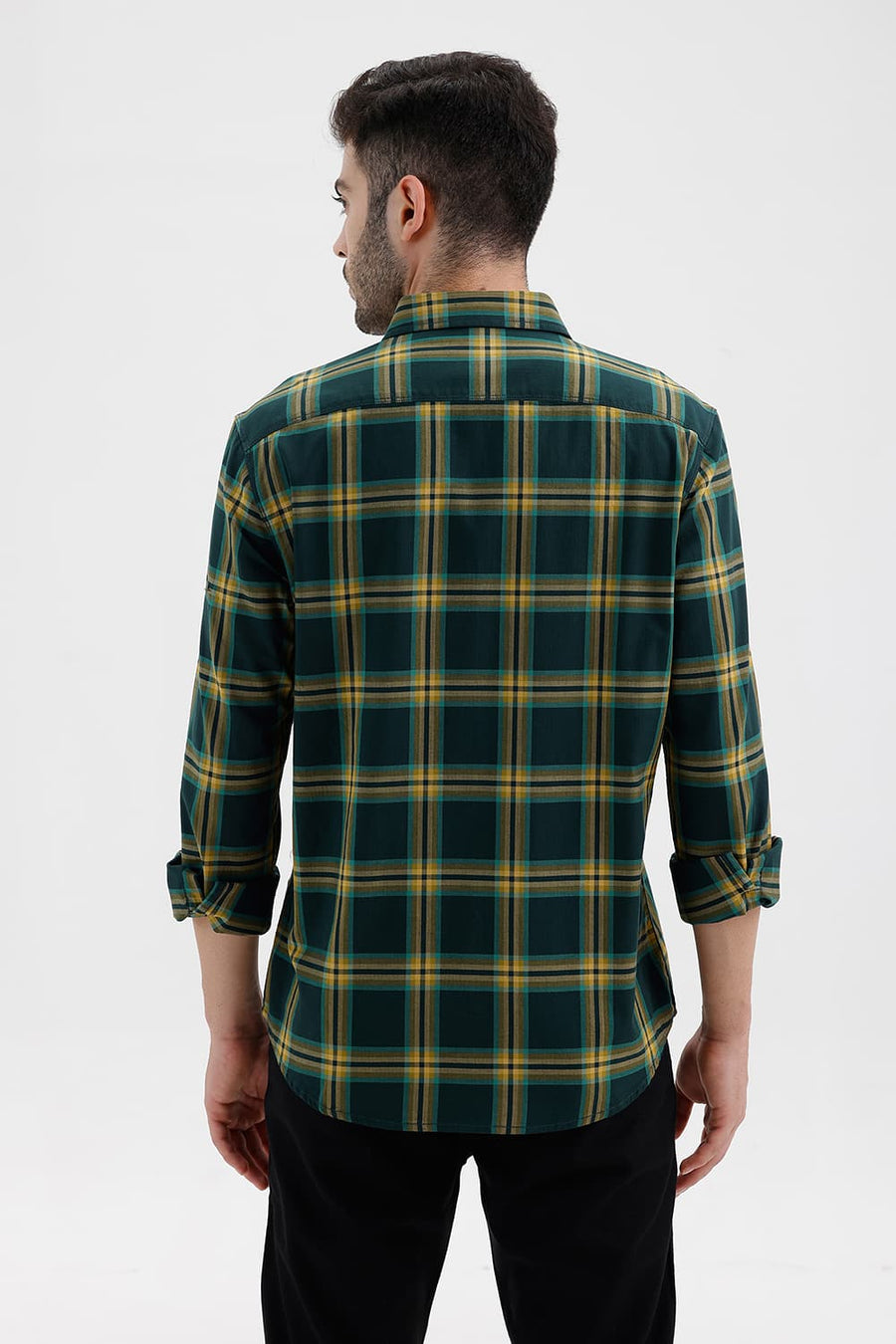 BASICS SLIM FIT SPRUCE GREEN COTTON HERRING BONE CHECKS SHIRT