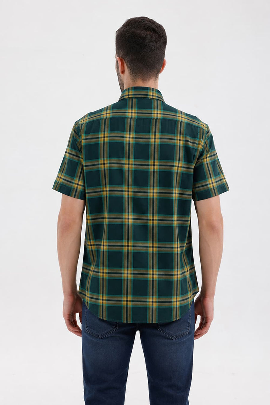 BASICS SLIM FIT SPRUCE GREEN COTTON HERRING BONE CHECKS HALFSLEEVES SHIRT